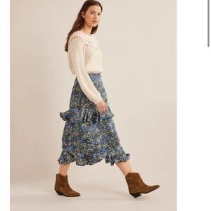 BODEN Satin Ruffle Midi Skirt - Nebulas Blue Floral Print